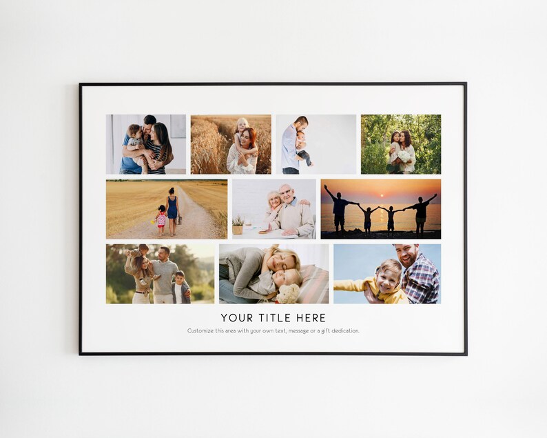 May include: A black and white photo collage of a family with nine different images. The images show a variety of family members, including parents, children, and grandparents. The collage is framed in a black frame and has the text "YOUR TITLE HERE" at the bottom.