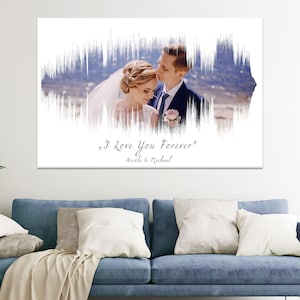 May include: A white canvas print with a photo of a couple on their wedding day. The photo is surrounded by a white sound wave design. The text "I Love You Forever" is written below the photo, along with the couple's names, Nicole & Michael.