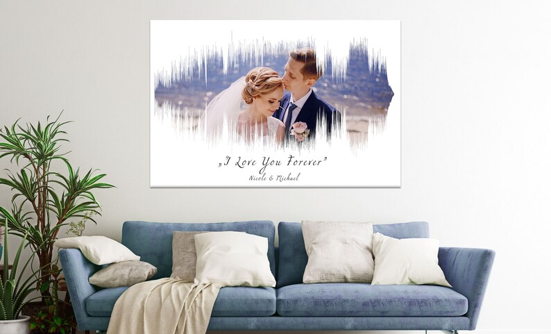 May include: A white canvas print with a photo of a couple on their wedding day. The photo is surrounded by a white sound wave design. The text "I Love You Forever" is written below the photo, along with the couple's names, Nicole & Michael.