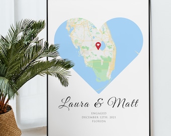Engagement Gifts for Couple | Heart Map Print on Fine Art Paper with Frame | Keepsake Map Gift | Christmas Valentines Gift for Him Her