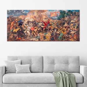May include: A large, detailed painting depicting a battle scene with many figures in armor and on horseback. The painting is set against a backdrop of a cloudy sky and a distant city. The figures are engaged in combat, with swords and spears raised. The painting is full of action and movement, and the colors are rich and vibrant.