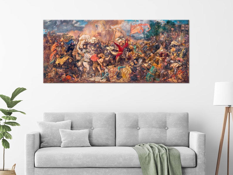 May include: A large, detailed painting depicting a battle scene with many figures in armor and on horseback. The painting is set against a backdrop of a cloudy sky and a distant city. The figures are engaged in combat, with swords and spears raised. The painting is full of action and movement, and the colors are rich and vibrant.