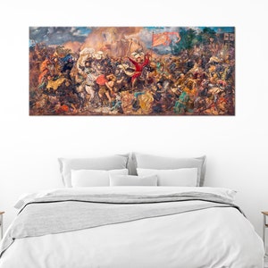 May include: A painting depicting a chaotic battle scene with many figures in armor and on horseback. The painting is full of action and movement, with swords clashing and flags waving in the wind. The colors are rich and vibrant, with shades of red, blue, green, and gold.