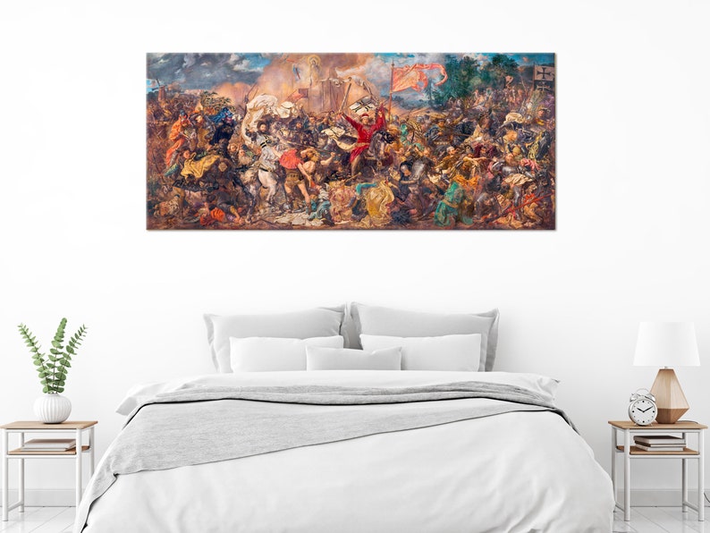 May include: A painting depicting a chaotic battle scene with many figures in armor and on horseback. The painting is full of action and movement, with swords clashing and flags waving in the wind. The colors are rich and vibrant, with shades of red, blue, green, and gold.