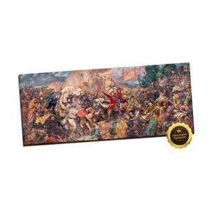 May include: A detailed painting depicting a chaotic battle scene with numerous figures in medieval armor, horses, and flags. The painting is set against a backdrop of a cloudy sky and a distant landscape.