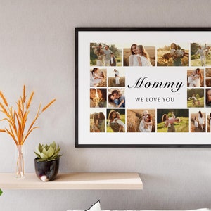 May include: A framed collage of photos featuring a family in a field. The collage is in a black frame and has the text "Mommy We Love You" in the center.