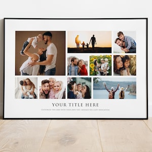 May include: A black framed collage of nine photos featuring a family. The photos show a variety of moments, including a couple holding a baby, a family walking on a beach, and a group of people smiling together. The text "YOUR TITLE HERE" is at the bottom of the collage.