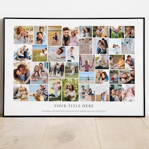 May include: A black framed collage of 36 photos featuring a family. The photos are arranged in a grid pattern and show a variety of moments, including family portraits, candid shots, and outdoor activities. The text "YOUR TITLE HERE" is at the bottom of the collage, with the instruction to customise this area with text, a message, or a gift dedication.
