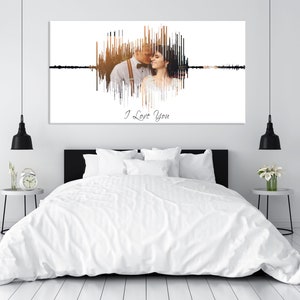 May include: A white canvas print with a black and brown sound wave design. The sound wave is shaped like a heart and includes a photo of a couple. The text "I Love You" is written below the sound wave.