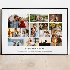 Può includere: Un collage fotografico in bianco e nero di una famiglia con 16 immagini diverse. Il collage è incorniciato in una cornice nera e ha il testo "YOUR TITLE HERE" e "CUSTOMIZE THIS AREA WITH YOUR OWN TEXT, MESSAGE OR A GIFT DEDICATION" in basso.