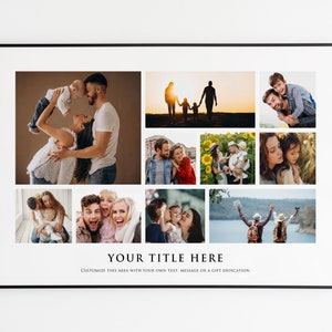 May include: A black framed collage of 9 photos featuring a family. The photos show a variety of moments, including a couple holding a baby, a family walking on a beach, and a group of people smiling. The text "YOUR TITLE HERE" is at the bottom of the collage, with the instruction to customize the area with text, a message, or a gift dedication.
