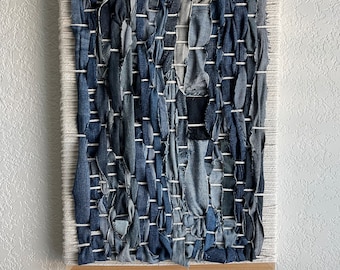 Woven Denim Wall Hanging, Neutral Fiber Art, Modern Recycled Textile Decor