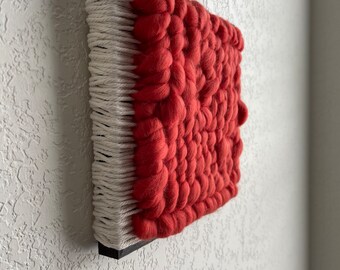 Woven Wall Hanging Tile Sculpture, Walnut Frame, Coral Pink White Fiber Art