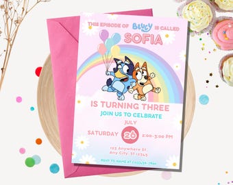 Bluey Birthday Invitation | Editable Canva Template | Digital Party Invite | Instant Download | Pink Bluey Theme Birthday Instant Download