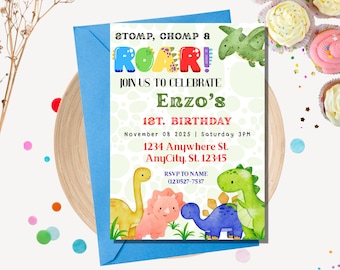Dinosaur Birthday Invitation | Editable Boys Party Canva Template | Dino Digital Invite | Instant Download | Boys Birthday Invite Template