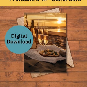Cartão em branco 5x7 - piquenique na praia ao pôr do sol, rosas, taças de champanhe - perfeito para ano novo, dia dos namorados, noivado, casamento, download digital
