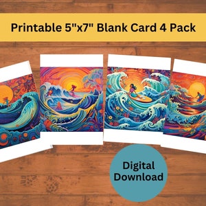 Lot de quatre cartes vierges imprimables avec des dessins de surf fantaisistes et lumineux - téléchargement immédiat