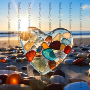 Hart van het zeeglas op een leeg briefkaart | Strandspullen | Strandswag | Zeeglaskunst - voor Valentijnsdag, verloving, bruiloft, directe download
