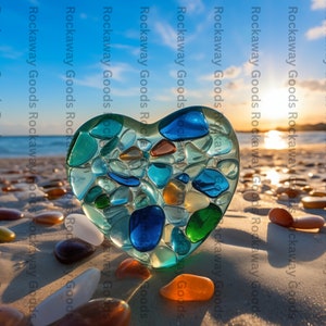 Hart van het Glas van het Zee op het Spatie Briefkaart | Strandspullen | Strandswag | Zeeglaskunst - voor Valentijnsdag, verloving, bruiloft, direct downloaden