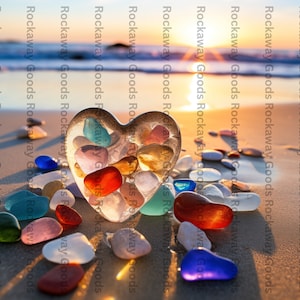 Hart van het Glas van het Zee op het Spatie Briefkaart | Strandspullen | Strandswag | Zeeglaskunst - voor Valentijnsdag, verloving, bruiloft, direct downloaden