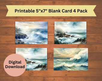 Printable Set of Four Watercolor Ocean Landscape Blank Cards
