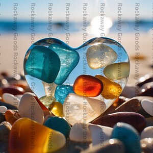 Hart van het Glas van het Zee op het Spatie Briefkaart | Strandspullen | Strandswag | Zeeglaskunst - voor Valentijnsdag, verloving, bruiloft, direct downloaden