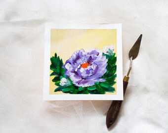 6x6 Purple and Clover Flower Painting, Acrylic Flower Painting on Canvas Paper, Floral Painting