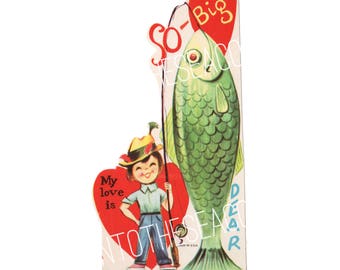 Vintage Valentine's Day Greeting Card Digital Image Download Printable for Boyfriend/Girlfriend Husband/Wife Boy Fishing Big Catch