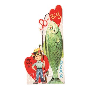 Vintage Valentine's Day Greeting Card Digital Image Download Printable for Boyfriend/Girlfriend Husband/Wife Boy Fishing Big Catch