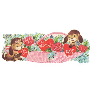 Vintage Valentine's Day Greeting Card Digital Image Download Printable for Boyfriend/Girlfriend Husband/Wife Puppy Dogs Rose Baskets