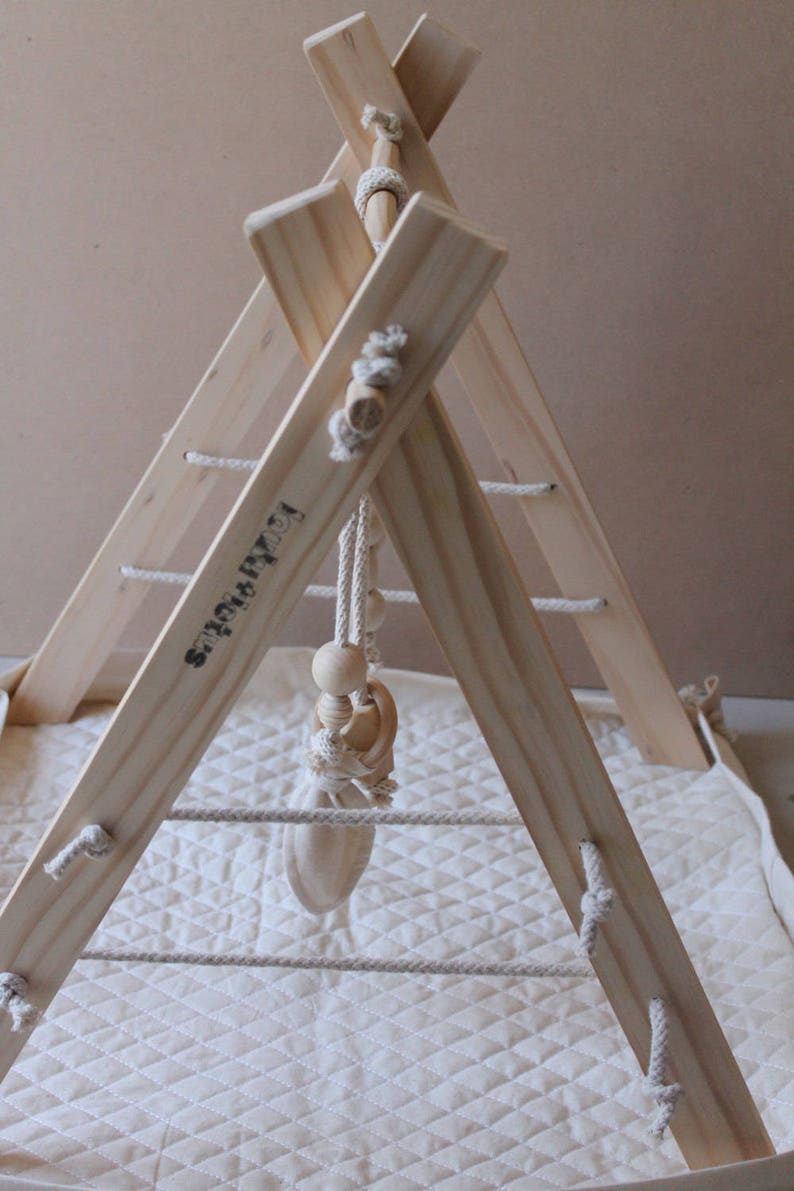 Handmade Baby Play Gym Wooden mobile Cotton and Rope. Tummy time image 5