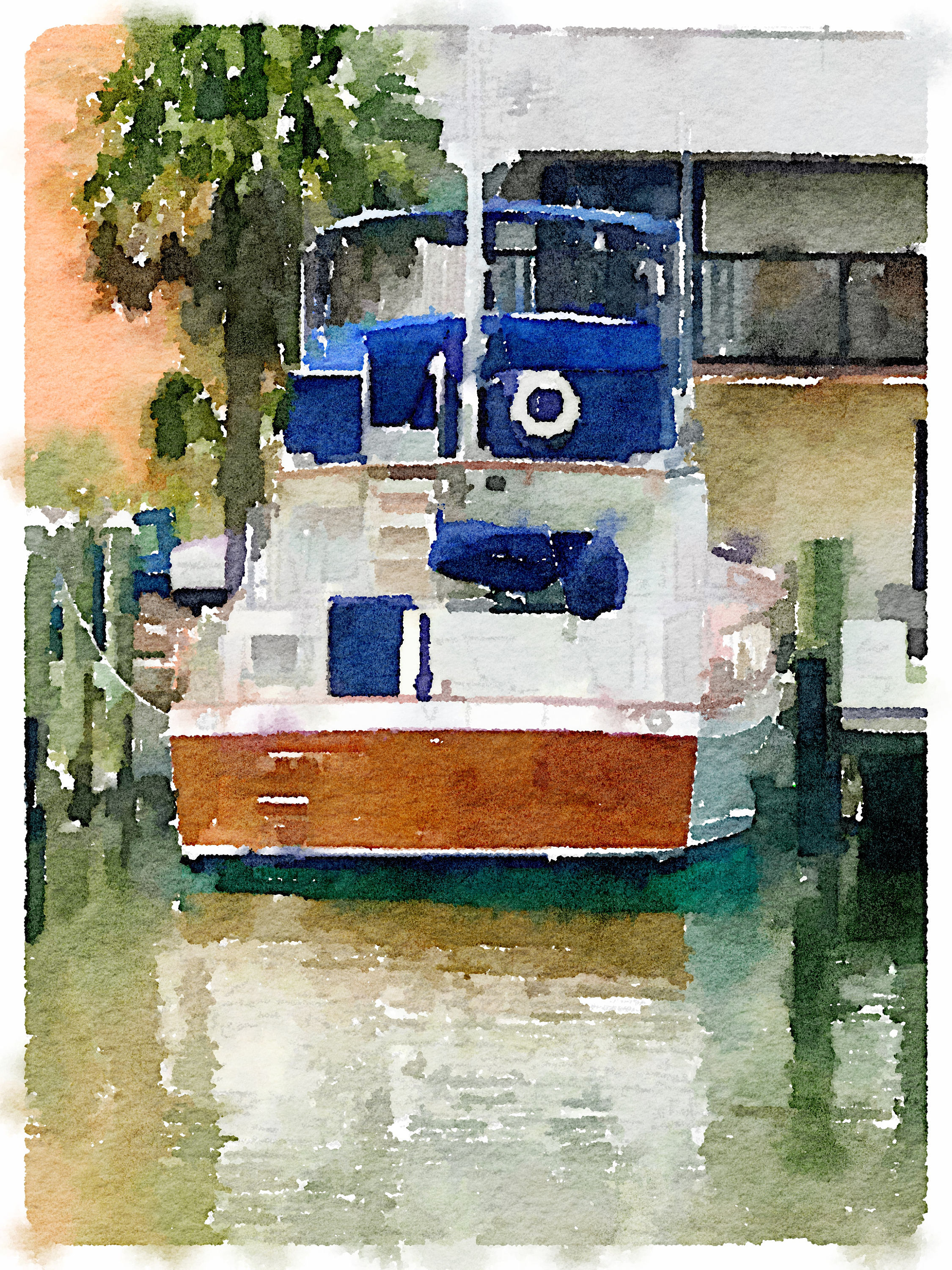 Old Cabin Cruiser At Dock Watercolor Print Of Boat At Dock In Etsy