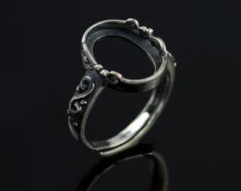 10 x 14 mm スターリングシルバーリングブランク/スターリングシルバーリングセッティングベース/アンティークシルバーオーバルベゼル調節可能リングバンド/#SS-R003