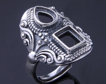 Two Gemstone Sterling Silver Ring Base/Antique 925 Silver Ring Blank/Blank Sterling Silver Ring for Women/#SS-R016