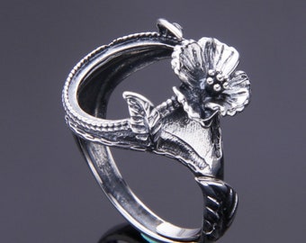 Antique Sterling Silver Adjustable Ring Blank, Floral Design (14mmx17mm)