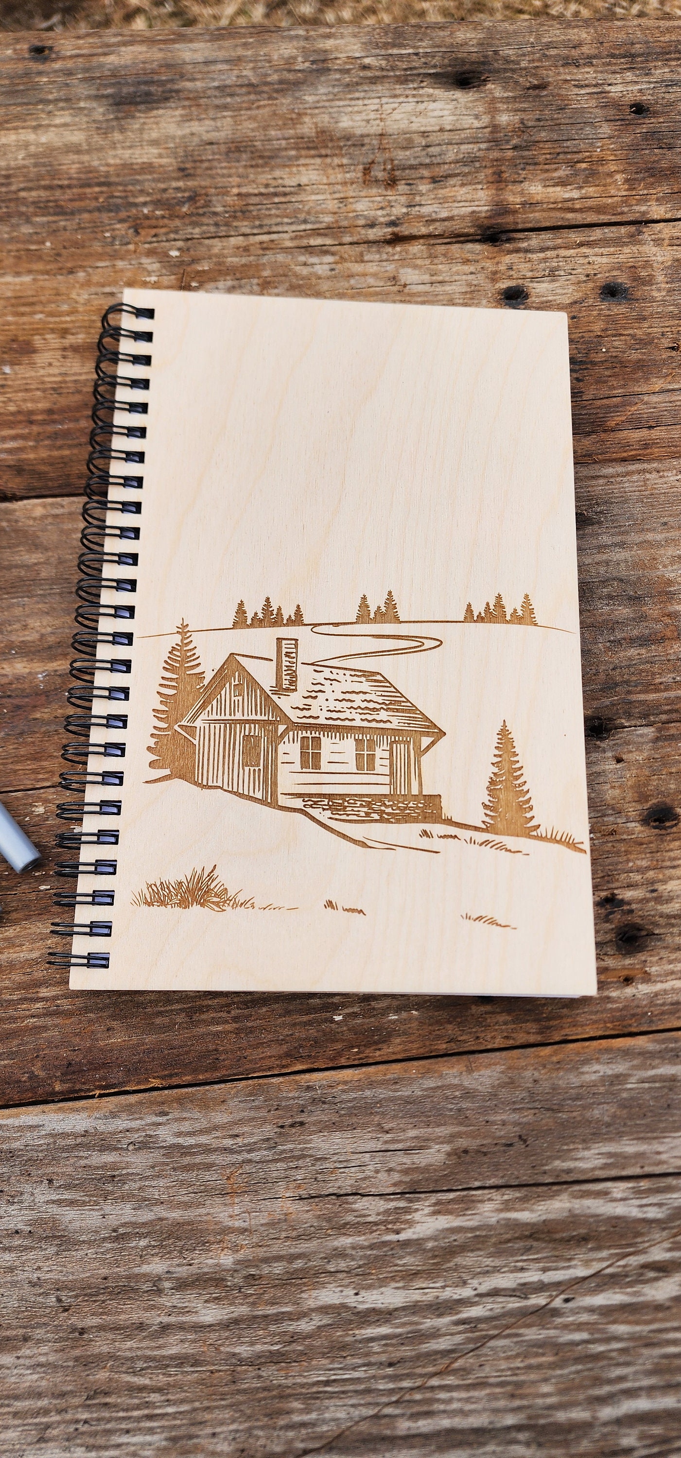 Laser Engraved Cabin Journal, Birch Wood Notebook, Personalized Travel ...