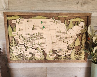 Puede incluir: Un mapa de madera de los Estados Unidos con un diseño de corte por láser que presenta parques nacionales. El mapa está enmarcado en un marco de madera marrón oscuro y tiene un fondo marrón claro. Cada parque está representado por un pequeño árbol verde.
