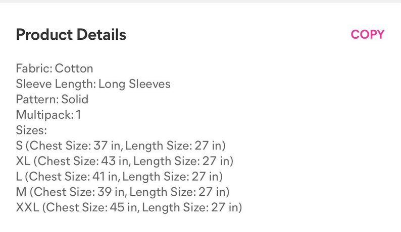 Pu&ograve; includere: Dettagli del prodotto per una camicia in cotone a maniche lunghe e fantasia unita. Le taglie disponibili sono S (circonferenza torace 94 cm, lunghezza 69 cm), XL (circonferenza torace 109 cm, lunghezza 69 cm), L (circonferenza torace 104 cm, lunghezza 69 cm), M (circonferenza torace 99 cm, lunghezza 69 cm) e XXL (circonferenza torace 114 cm, lunghezza 69 cm).