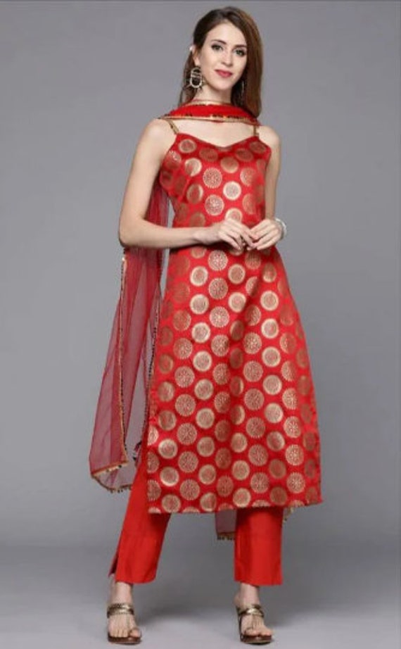 Scarlet Red Brocade Kurti With Straight Pants And Net Stone, 46% OFF
