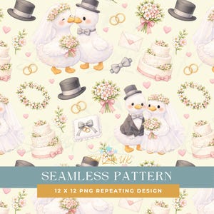 May include: A seamless pattern featuring cartoon ducks in wedding attire, with bouquets, wedding cakes, rings, and hearts. The design includes the text "SEAMLESS PATTERN" and "12 X 12 PNG REPEATING DESIGN".