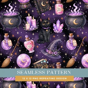 Puede incluir: Patrón sin costuras con elementos de brujería sobre un fondo morado oscuro. Incluye un gato negro, botellas de pociones, un sombrero de bruja, un caldero, cristales, velas y una bola de cristal. El texto "SEAMLESS PATTERN" y "12 X 12 PNG REPEATING DESIGN" están presentes.