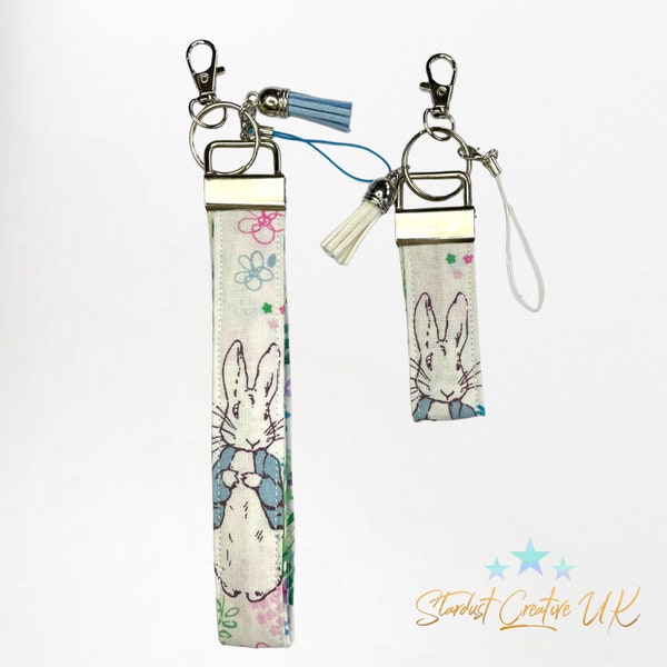 Peter Rabbit key fob wristlet, keyring for your wrist. Beatrix Potter. Bunny rabbit  Alternative Easter gift. Customise with any name