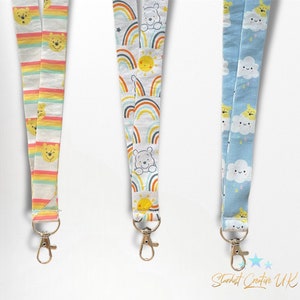 Winnie the Pooh Rainbows lanyard, swivel lobster clasp, sun & clouds, personalised lanyard, customise with name, iD  holder, neck pass