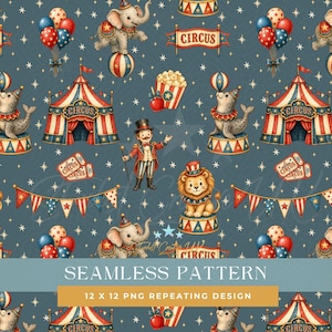 May include: A seamless pattern featuring circus-themed illustrations on a dark blue background. The design includes circus tents, elephants, lions, seals, balloons, popcorn, and a ringmaster. The text "CIRCUS" and "SEAMLESS PATTERN" are also visible.