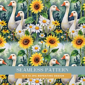 May include: A seamless pattern with white geese, sunflowers, and daisies set against green foliage. The design has a watercolour effect. Text reads "SEAMLESS PATTERN" and "12 X 12 JPG REPEATING DESIGN".