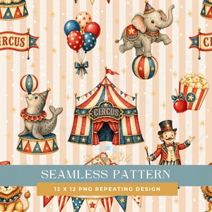 Peut inclure: Motif sans couture sur le thème du cirque avec un motif répétitif. Comprend des illustrations d'un chapiteau de cirque, d'un éléphant sur une boule, d'un phoque, de ballons, de pop-corn et d'un maître de cérémonie. Le fond a des rayures verticales et des étoiles.