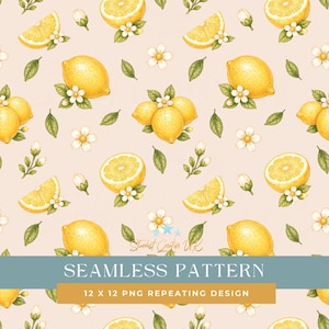 May include: Seamless pattern featuring watercolor illustrations of lemons, lemon slices, white flowers, and green leaves on a light peach background. The design includes the text "SEAMLESS PATTERN" and "12 X 12 PNG REPEATING DESIGN".