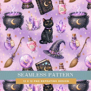 May include: Seamless pattern featuring witchy elements like a black cat, cauldron, potion bottles, a witch's hat, and a crystal ball on a lavender background. The design includes the text "SEAMLESS PATTERN" and "12 X 12 PNG REPEATING DESIGN".