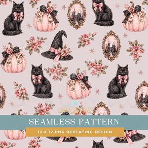 May include: Seamless pattern featuring black cats with pink bows, pink pumpkins with black bows, witch hats, floral bouquets, and framed castle illustrations on a light pink background. The text "SEAMLESS PATTERN" and "12 X 12 PNG REPEATING DESIGN" are also included.