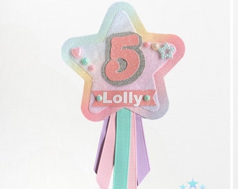 Personalised rainbow Glitter Birthday Badge, customised Shooting Star Rosette, Name and Age, Sparkling keepsake, Special gift childrens prop